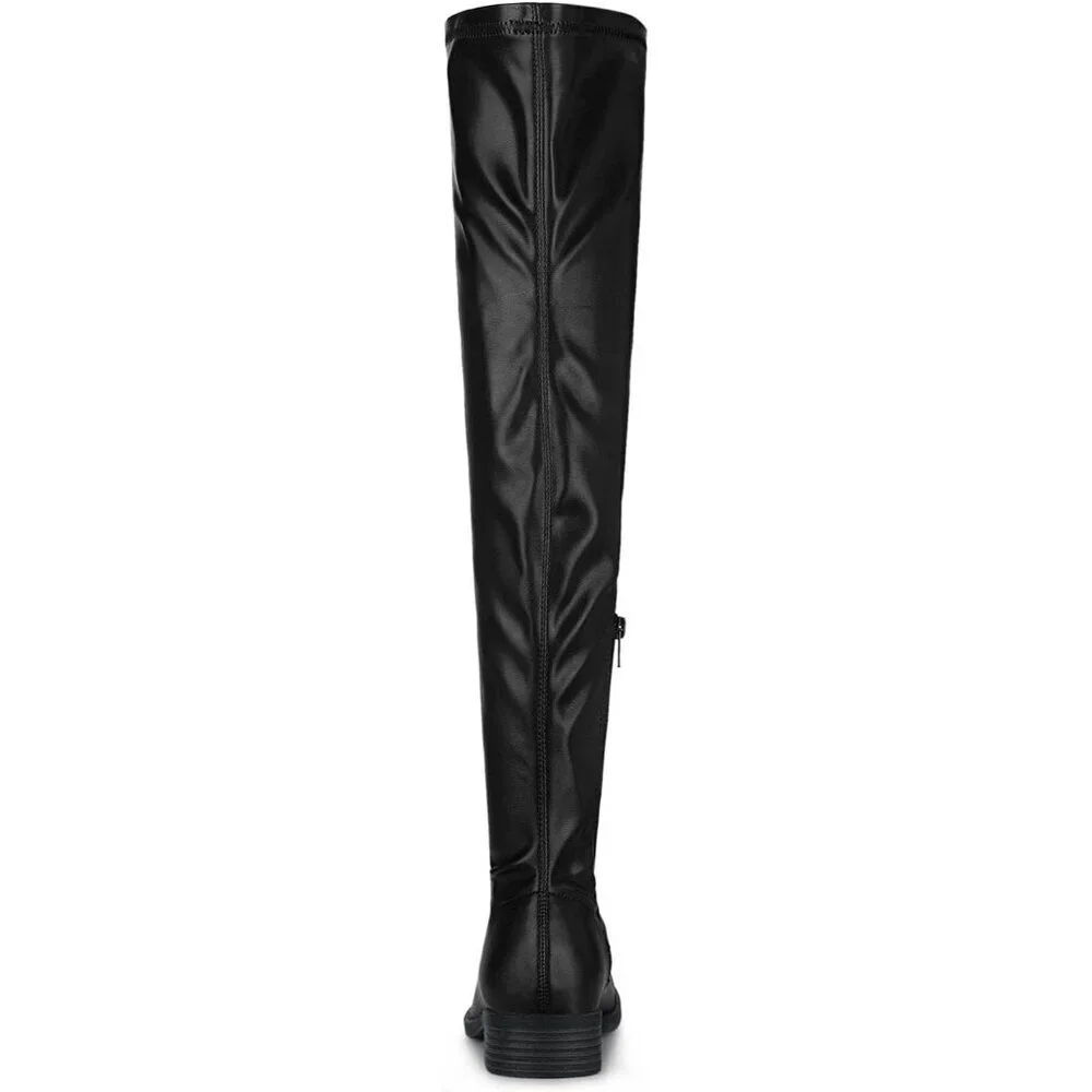 Women's Black Faux Leather Thigh High Low Block Heel Fashion Over the Knee Boots